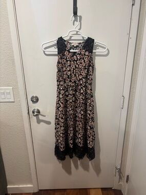 LOFT Black Floral Midi Dress with Lace Trim